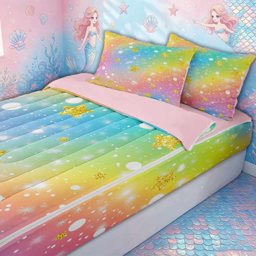 meiyoeat Whimsical Star Zipper Full Size Comforter Sets with Fitted Sheet and 2 Pillowcases for Kids, Rainbow Sky Zipper Bedding Set for Bedroom, Orange Yellow, Pink ReversibleG