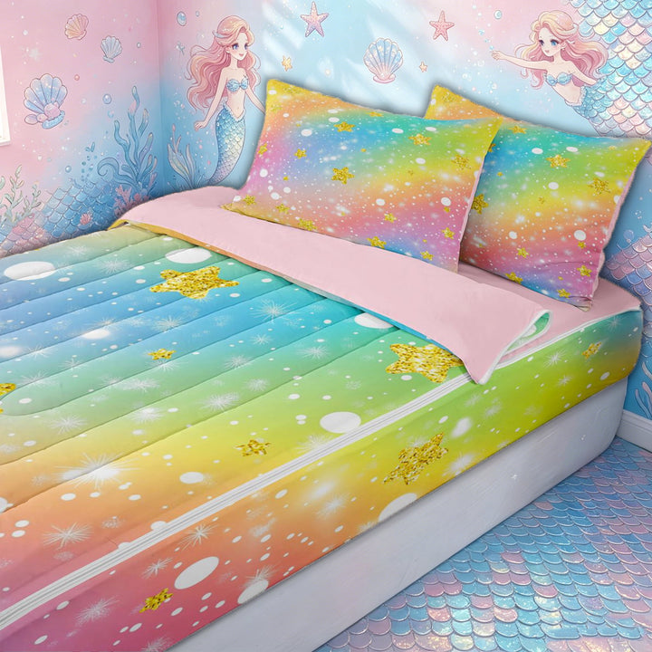 meiyoeat Whimsical Star Zipper Full Size Comforter Sets with Fitted Sheet and 2 Pillowcases for Kids, Rainbow Sky Zipper Bedding Set for Bedroom, Orange Yellow, Pink ReversibleG