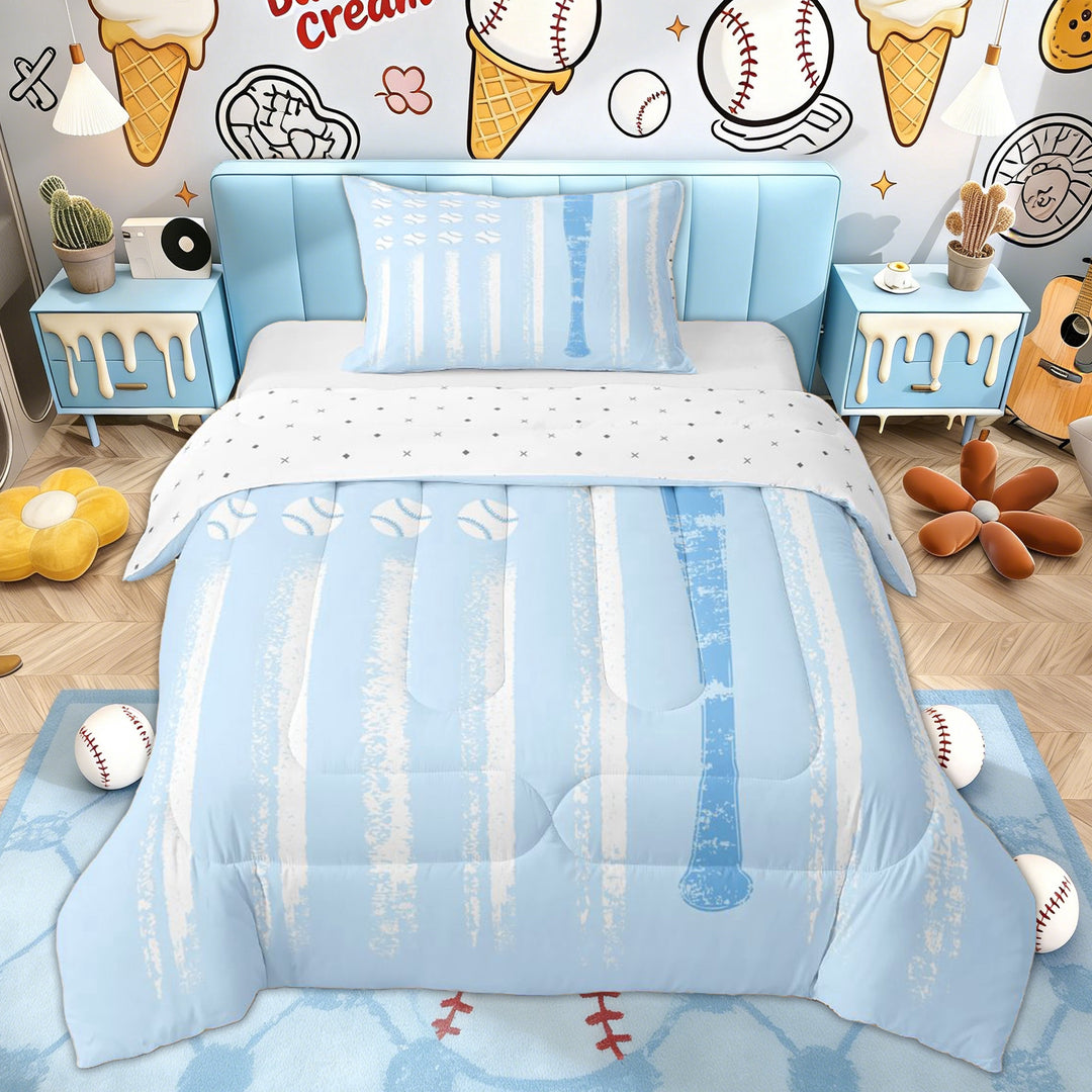 Erosebridal Baseball Love Kid Twin Comforter Sets, Blue Cartoon Theme Bedding Set, 2-Piece