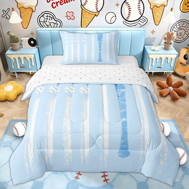 Erosebridal Baseball Love Kid Twin Comforter Sets, Blue Cartoon Theme Bedding Set, 2-Piece