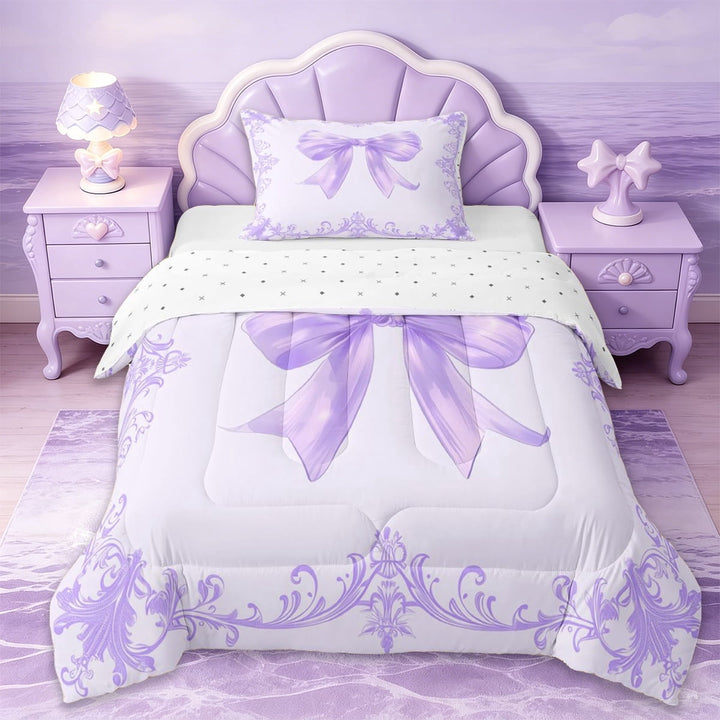Erosebridal Adults Victorian Baroque Flower Twin Comforter Sets,Purple Cute Bow Bedding Set For Girls Kids,Reversible,2 Pieces