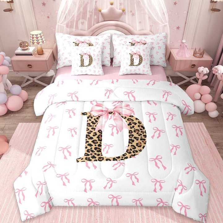 Erosebridal Chic Leopard Pattern 7-Piece Twin Bedding Sets,Brown Alphabet D Bedding Comforter Set For Bowknot Girls,Reversible
