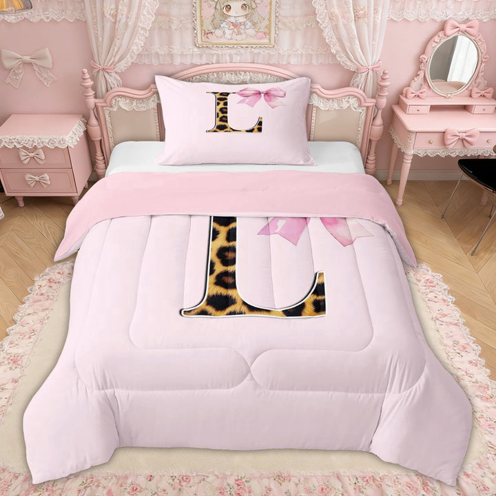 Erosebridal Watercolor Bowknot Twin Comforter Sets, Leopard Print Letter L Bedding Set for Girls Kids, Pink Reversible, 2-Piece