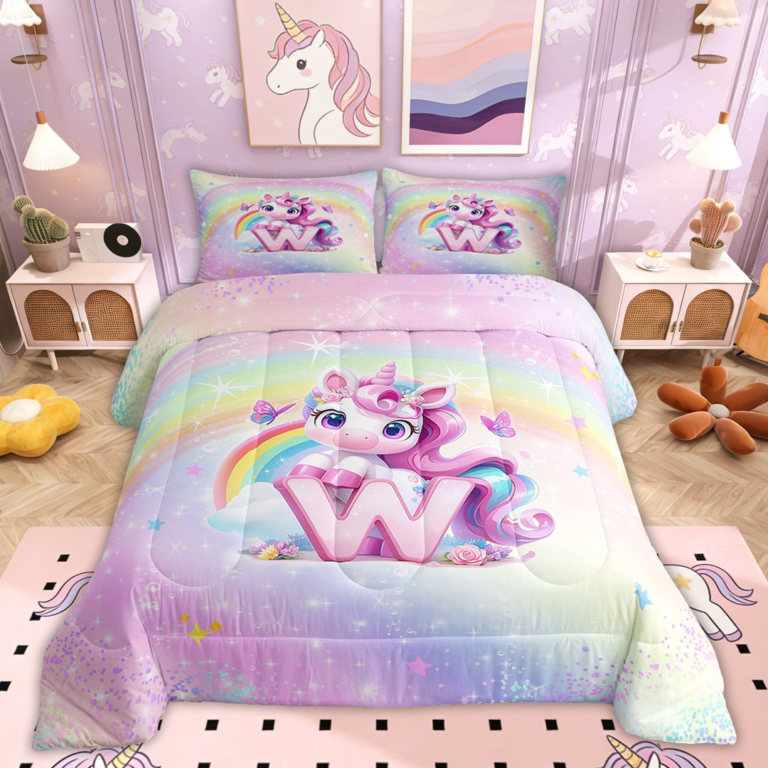 Erosebridal Initial Letter W Bedding Twin Comforter Set, Dreamy Unicorn Down Comforter, Glitter Stars Decor, Reversible 2pcs