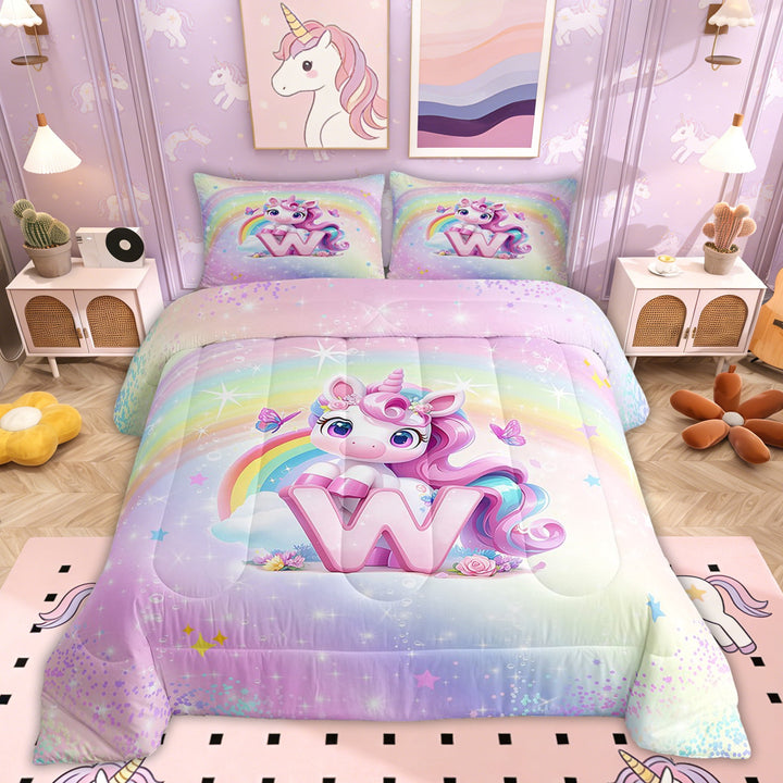 Erosebridal Initial Letter W Bedding Twin Comforter Set, Dreamy Unicorn Down Comforter, Glitter Stars Decor, Reversible 2pcs