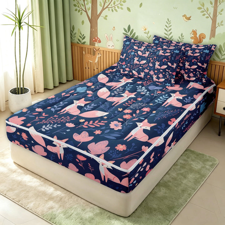 Erosebridal Cartoon Woodland Fox Zipper Full Size Comforter Sets with Fitted Sheet and 2 Pillowcases for Boys Girls, Floral Leaf Plant Zipper Bedding Set, Navy Reversible, 4pcs