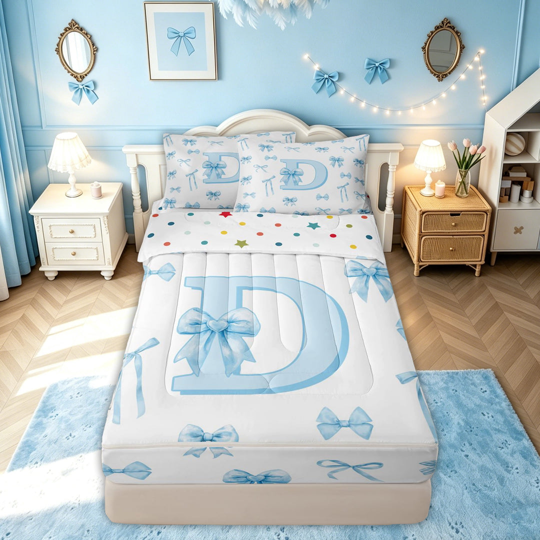 meiyoeat Bow Letter D Zipper Comforter Set with Fitted Sheet and 2 Pillowcases for Girls, Gingham Ribbon Zipper Bedding Set for Bedroom, Blue, Polkadot Reversible, 3pcs