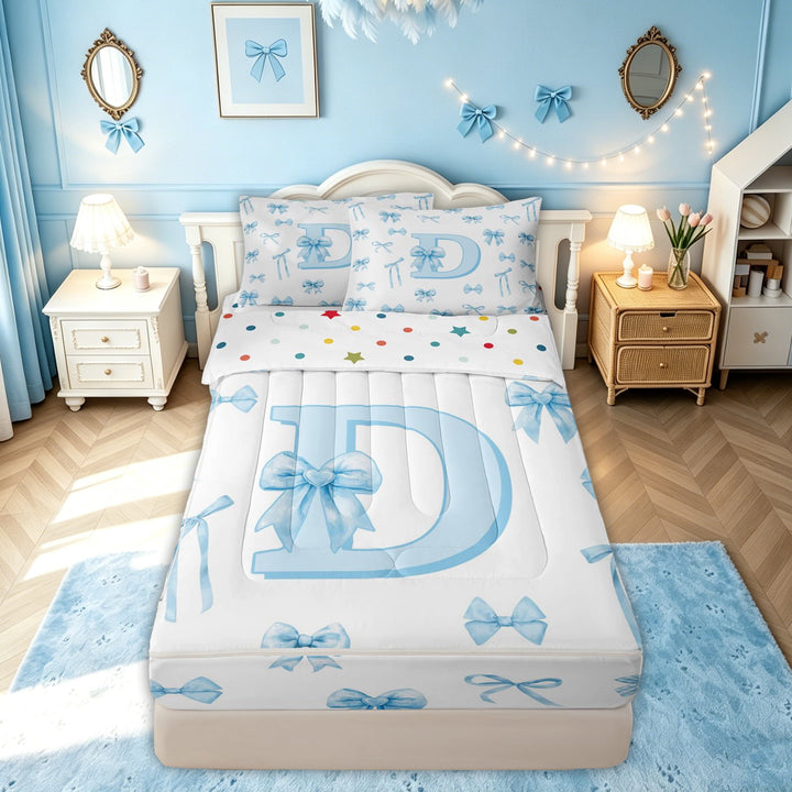 meiyoeat Bow Letter D Zipper Comforter Set with Fitted Sheet and 2 Pillowcases for Girls, Gingham Ribbon Zipper Bedding Set for Bedroom, Blue, Polkadot Reversible, 3pcs