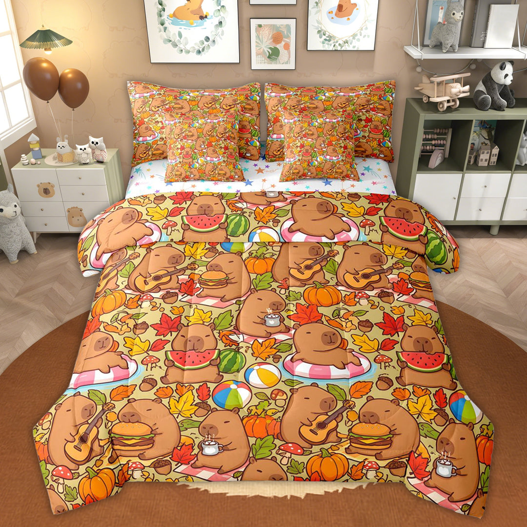 Erosebridal Kids Brown Capybara Twin Bedding Sets, Summer Fall Leaf Bedding Comforter Set, 7 Pieces