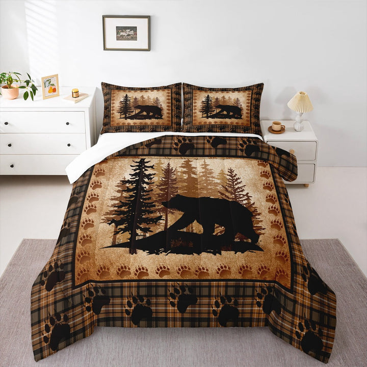 Bear Print Comforter Set Twin Size,Animal Hunt Pine Trees Retro Bedding Set for Women Adult,Rustic Grid Plaid Cabin Decor Luxury Bed Duvet Insert
