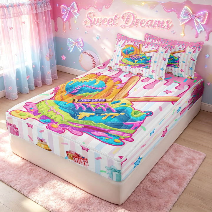 meiyoeat Pink Ice Cream Baseball Zipper Twin Comforter Sets with Fitted Sheet and 2 Pillowcases for Girls, Drip Sport Sneaker Bat Zipper Bedding Set, Pink Reversible, 4 Pieces