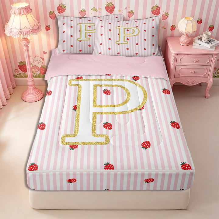 Meiyoeat Teens Gold Initial P Kawaii Strawberry Zipper Full Size Comforter Sets with Fitted Sheet and 2 Pillowcases, Geometric Stripes Print Zipper Bedding Set, Pink Red,4pcs,Pink Reversible