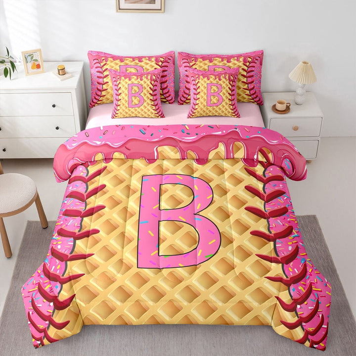 Erosebridal Baseball Ice Cream Twin Bedding Sets for Kids, Initial B Letter Bedding Comforter Set, Pink Reversible, 7pcs