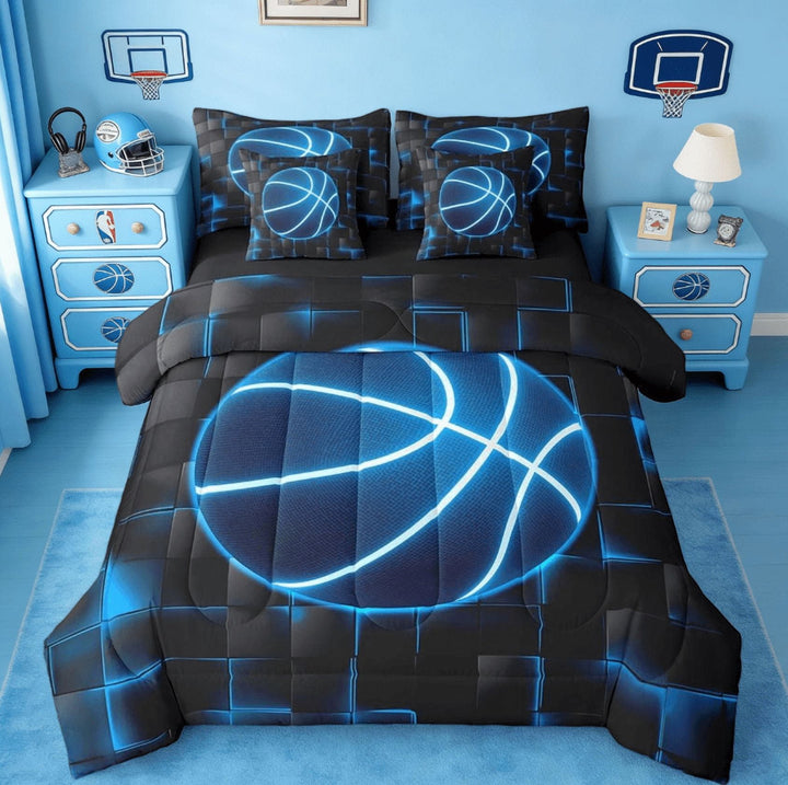 Manfei Basketball Gaming Sports 7 Pieces Bedding Comforter Set For Boys Teens,Blue And Black Geometric Honeycomb Full Bedding Set Reversible