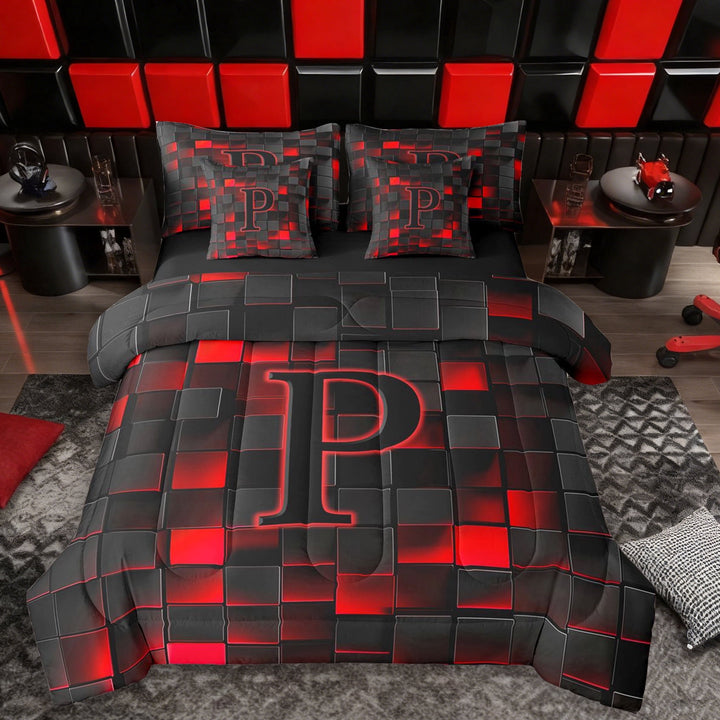 Erosebridal Teens Black Red Geometric Grid Twin Bedding Sets 7-Piece,P Personalized Initial Bedding Comforter Set For Boys Girls,Black Reversible