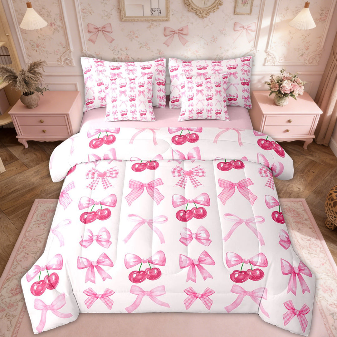 Erosebridal Pink Plaid Bow Bedding Set Cute Bowknot Twin Comforter Set 7 Piece Grids Ribbon Bow Cherry Bed In A Bag With Sheets Kawaii Watercolor Bed Set Teen Women Room Decor