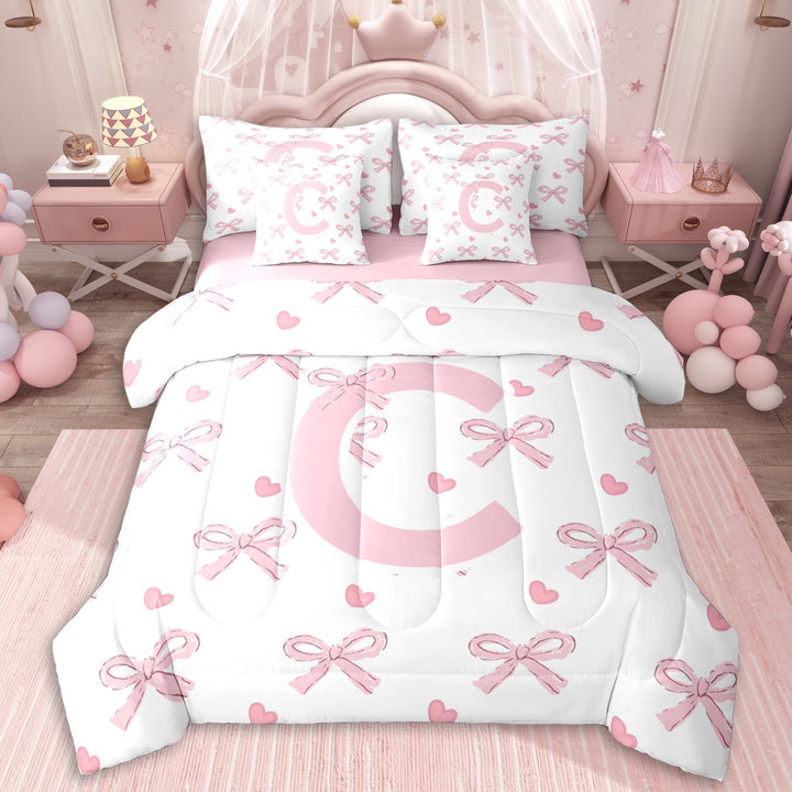 Erosebridal Cute Letter C Monogrammed Twin Bedding Sets 7-Piece For Kids Teens,Cartoon Bow Tie Bedding Comforter Set For Girls,Pink Reversible,Microfiber Bedroom Decor