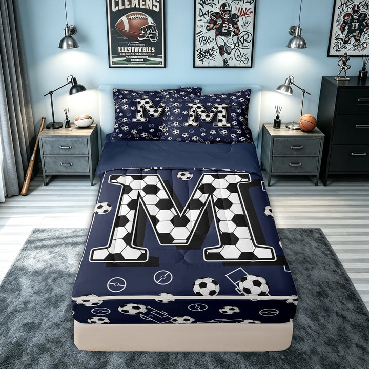 meiyoeat Soccer Letter M Zipper Comforter Set with Fitted Sheet and 2 Pillowcases for Boys, Sports Football Zipper Bedding Set for Kids, Navy Blue, Blue Reversible, 3 Pieces