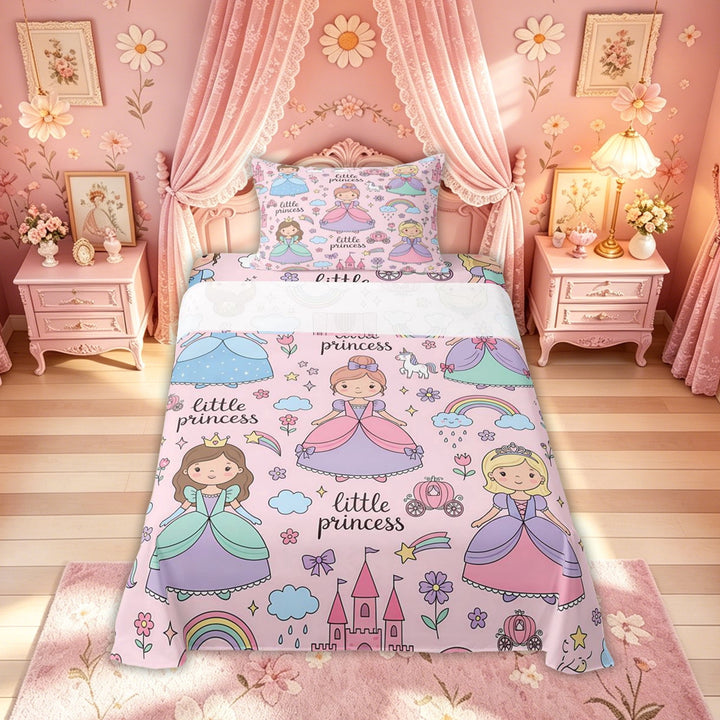 Meiyoeat Cute Princess Castle Rainbow Full Size Sheets for Kids Girls, Girly Pink Cartoon Bed Sheets, 4 Pieces