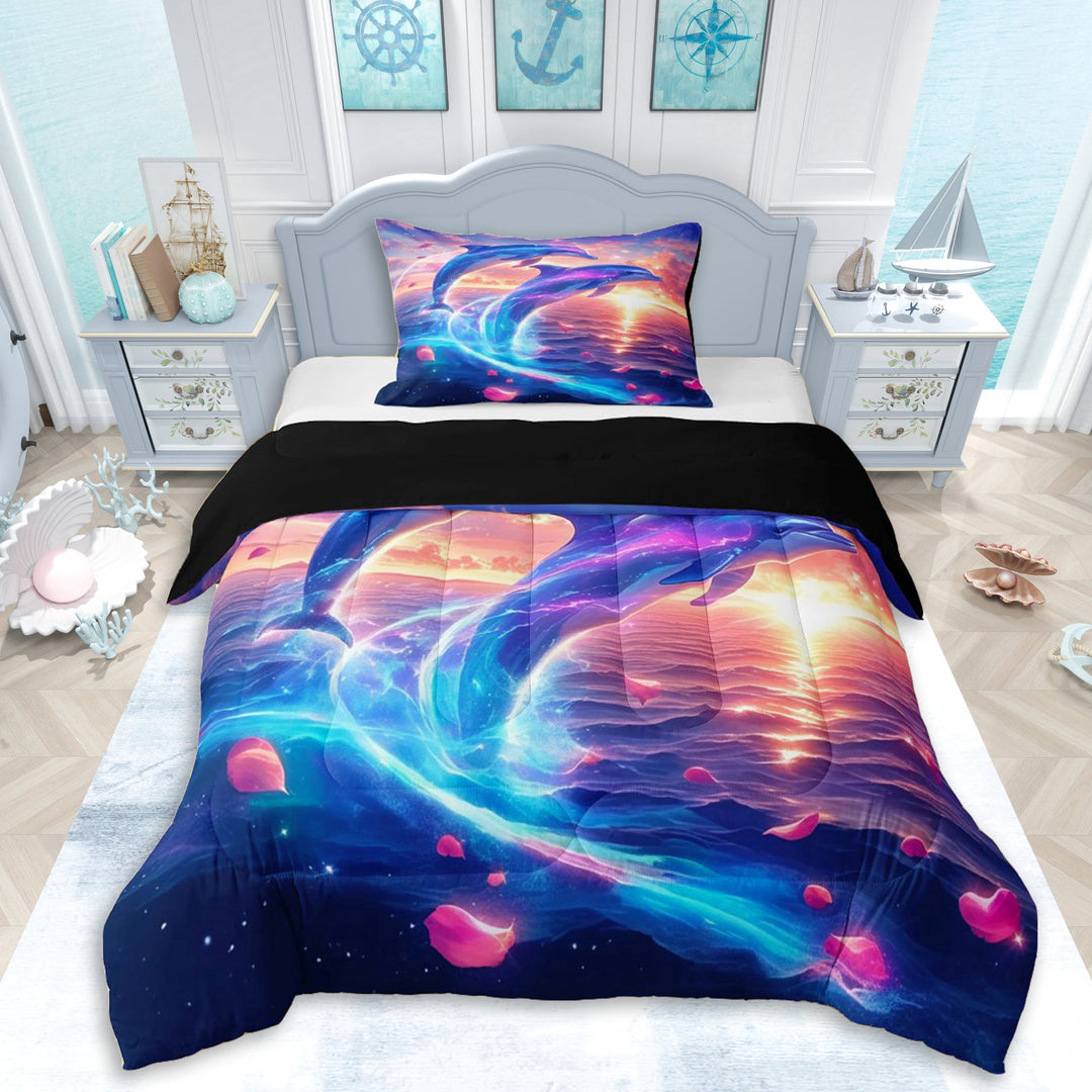 Erosebridal Teens Sea Dolphins Twin Comforter Sets 3-Piece,Boys Girls Romantic Rose Ocean Sunset Bedding Set,Black Reversible,Microfiber Bedroom Decor
