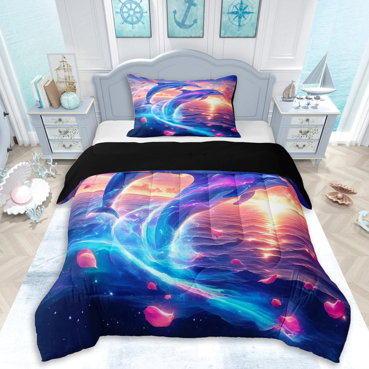 Erosebridal Teens Sea Dolphins Twin Comforter Sets 3-Piece,Boys Girls Romantic Rose Ocean Sunset Bedding Set,Black Reversible,Microfiber Bedroom Decor