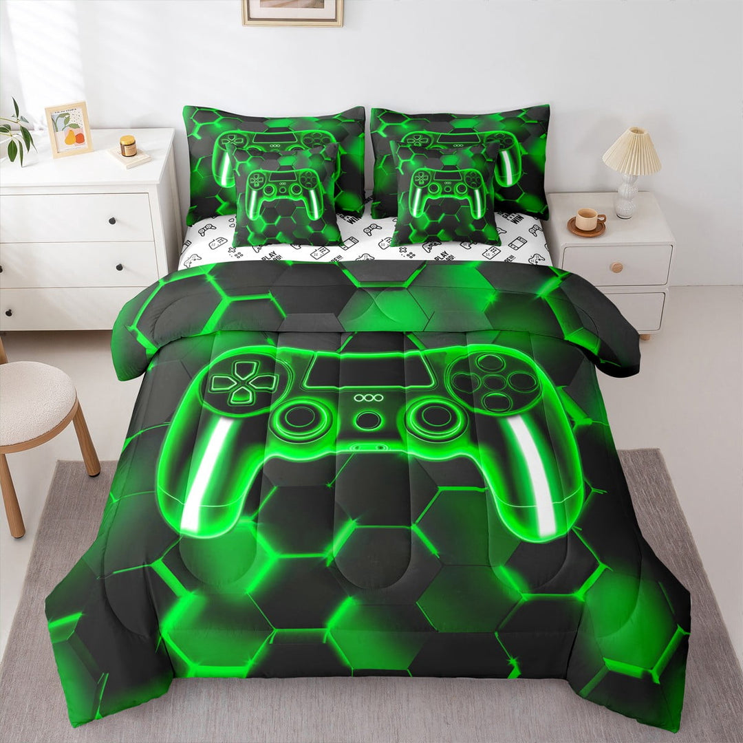 Erosebridal Gamer Gamepad Bedding Sets Twin Size, Geometry Stripe Comforter Sets with Sheets, Game Lover Reversible Bedding Twin Size, Microfiber Room Decorative, 7-Piece