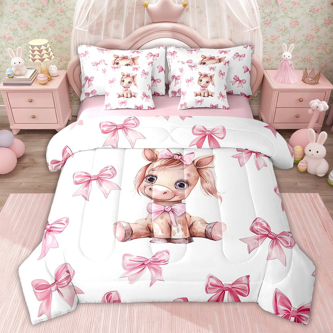 Erosebridal Kids Highland Cow Comforter Sets Twin Size, Kawaii Animal Bedding Comforter Sets, Princess Style Decor, Pink Reversible, 7pcs