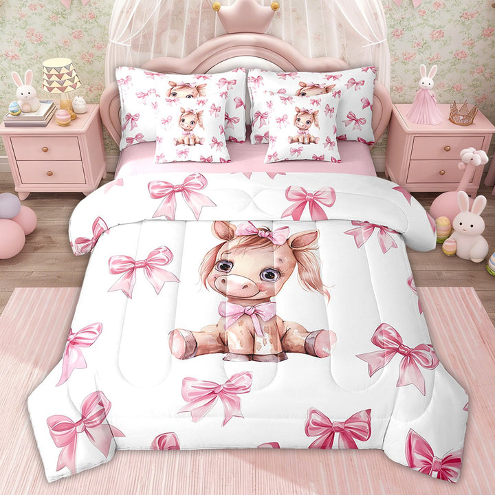 Erosebridal Kids Highland Cow Comforter Sets Twin Size, Kawaii Animal Bedding Comforter Sets, Princess Style Decor, Pink Reversible, 7pcs