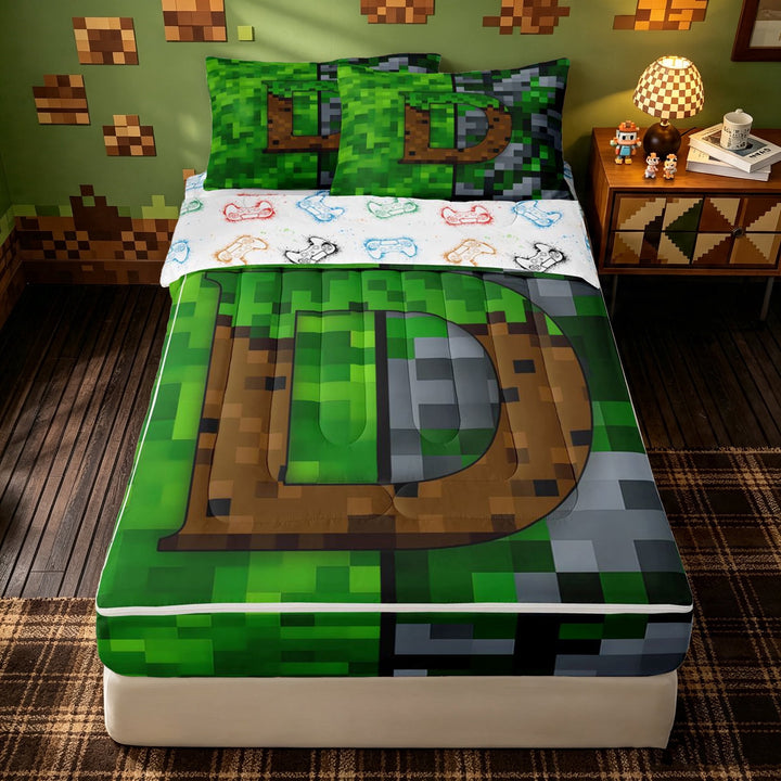 meiyoeat Vintage Game Letter D Zipper Twin Comforter Sets with Fitted Sheet and 2 Pillowcases for Girls Boys, Pixelate Miner Zipper Bedding Set, Green Brown, Gamepad Reversible, 4pcs