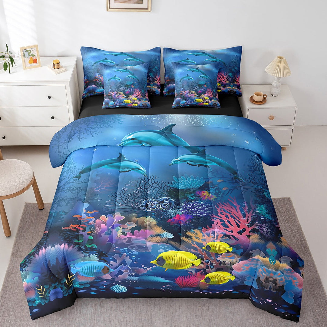 Dolphin Bed In A Bag Full Coral Reef Coastal Comforter Set 7 Piece ,Ocean Animal Bedding Set Underwater World Bed Sheets Set With Comforter