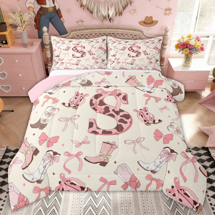 Erosebridal Pink Bowknot Monogrammed S Full Size Comforter Sets, Western Cowgirl Boot Bedding Sets for Girls, Pink Reversible, 3 Pieces