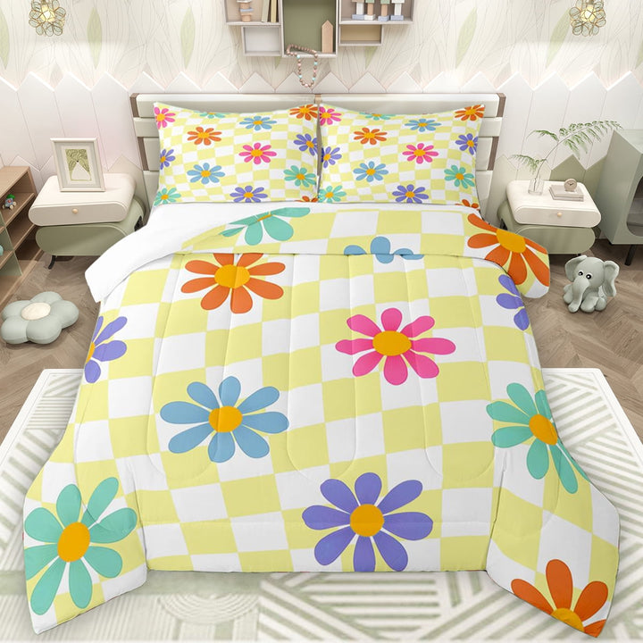 Manfei Vibrant Groovy Floral Full Size Comforter Sets for Teens, Dreamy Yellow Cartoon Bedding Comforter Set, Spiral Plaid Buffalo Bedding Sets, Super Cozy Room Decor, 3pcs