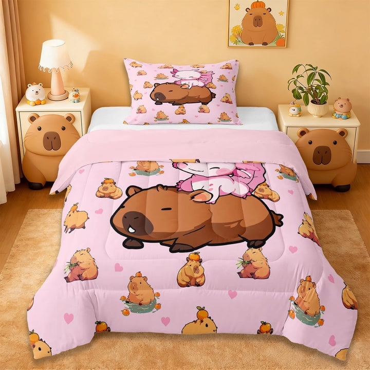 Erosebridal Pink Axolotl Brown Capybara Twin Comforter Sets For Kids,Cute Animals Bedding Set For Capybara Lovers ,Reversible Pink 2-Piece