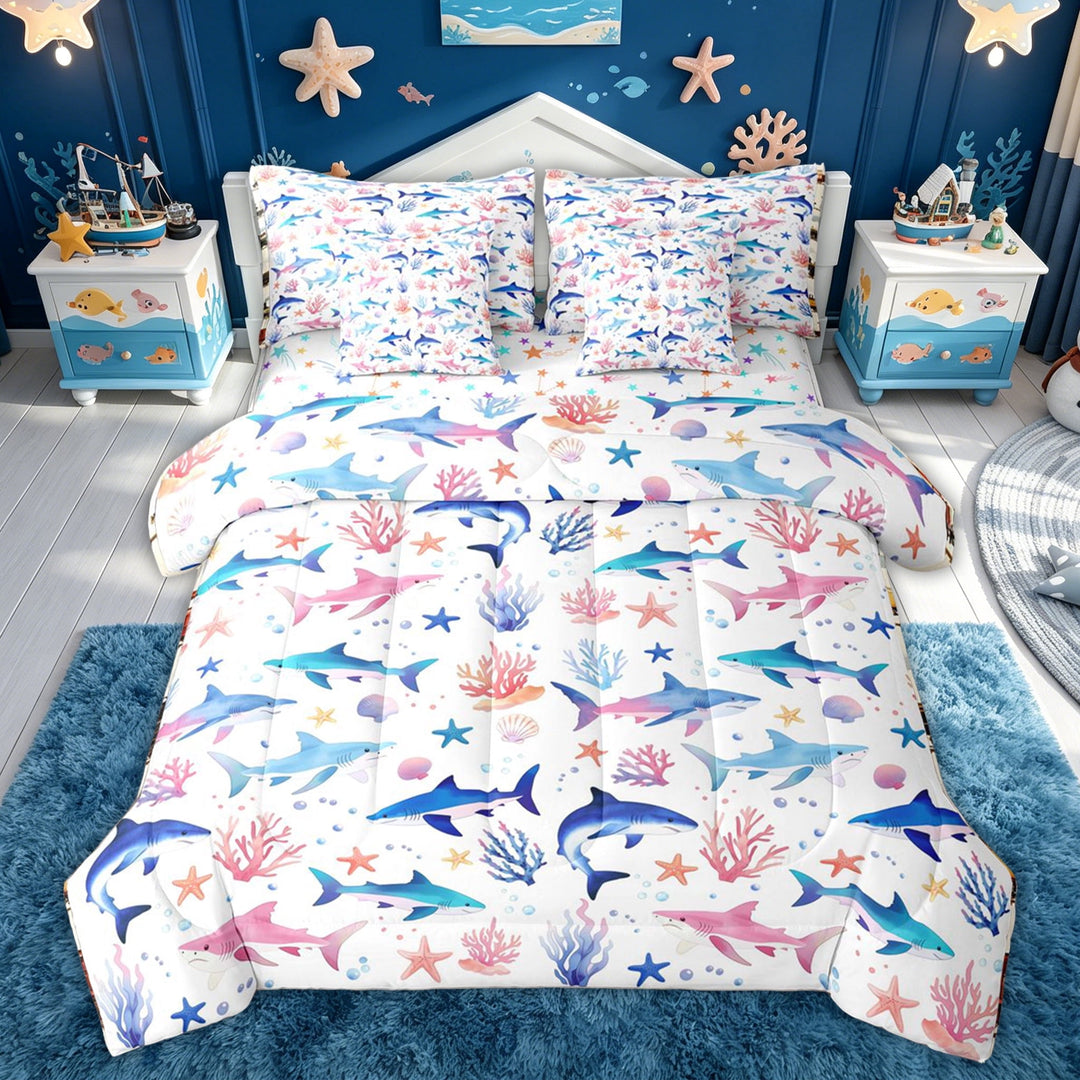 meiyoeat Watercolor Shark Full Size Bedding Sets for Kids Girls, Coral Starfish Full Size Bed in a Bag for Bedroom, Multicolor, Colorful Star Reversible, 7 Pieces