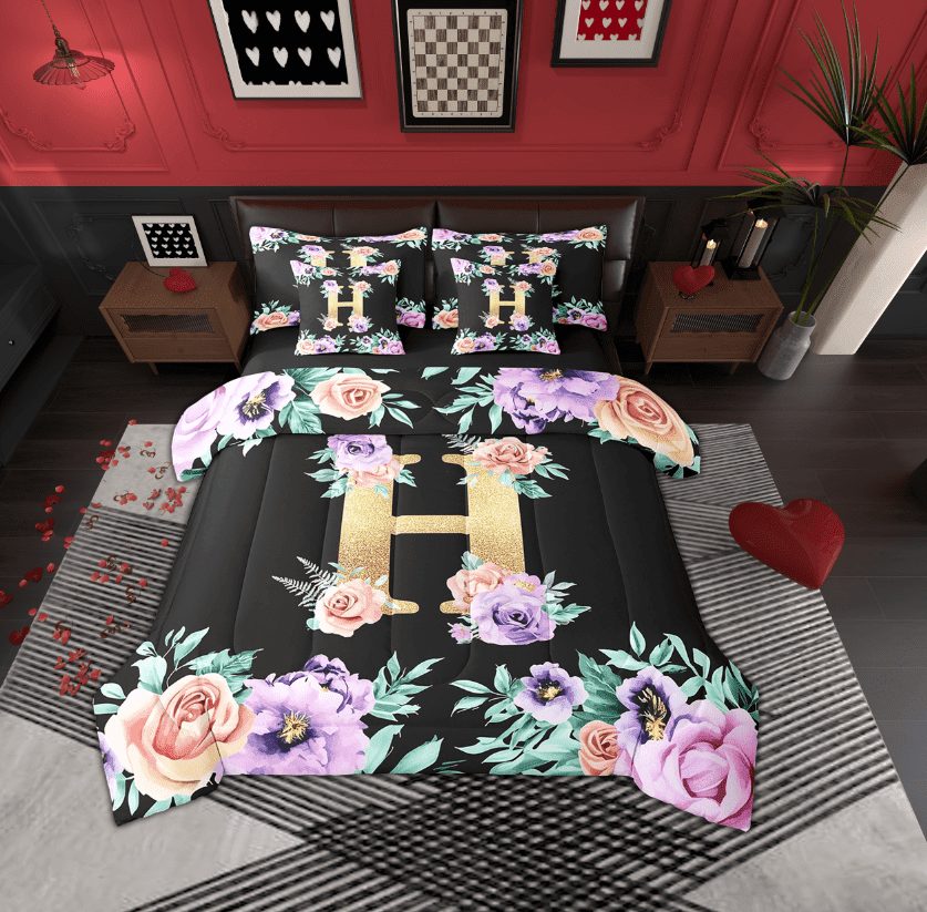 Erosebridal Initial Letter H Bed in a Bag, Floral Flower Bed Set, Monogrammed Reversible Comforter Sets, Ultra Soft Bedroom Decoration, 7pcs