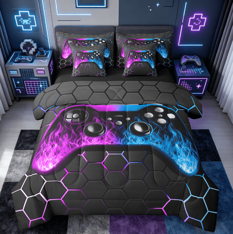 Manfei Gamer Gaming Bedding Sets Full Size,Vindoe Game Comforter Sets with Sheets,Purple Blue Hexagon Bed in a Bag Full Size For Kid Boy,Lightweight Room Decorative Reversible,7-Piece