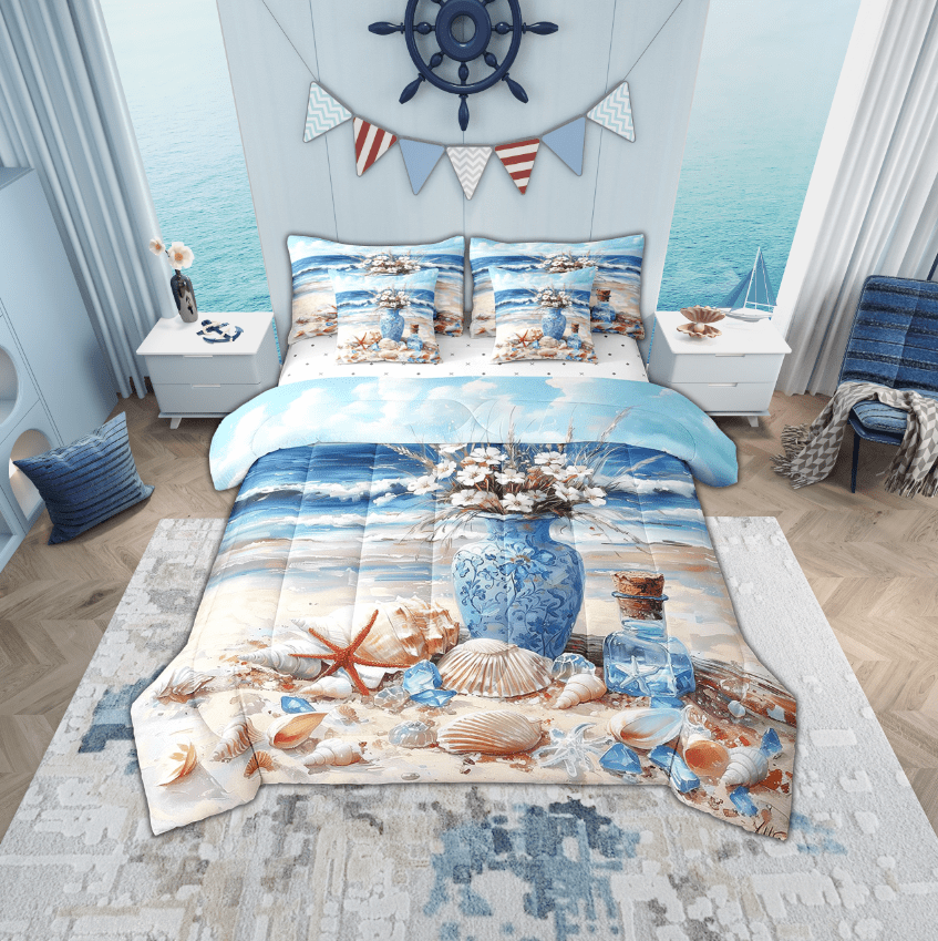 Erosebridal Oil Painting Beach Bedding Sets Twin Size, Coatal Starfish Seashell Wishing Bottle Comforter Sets with Sheets, Reversible 7-Piece