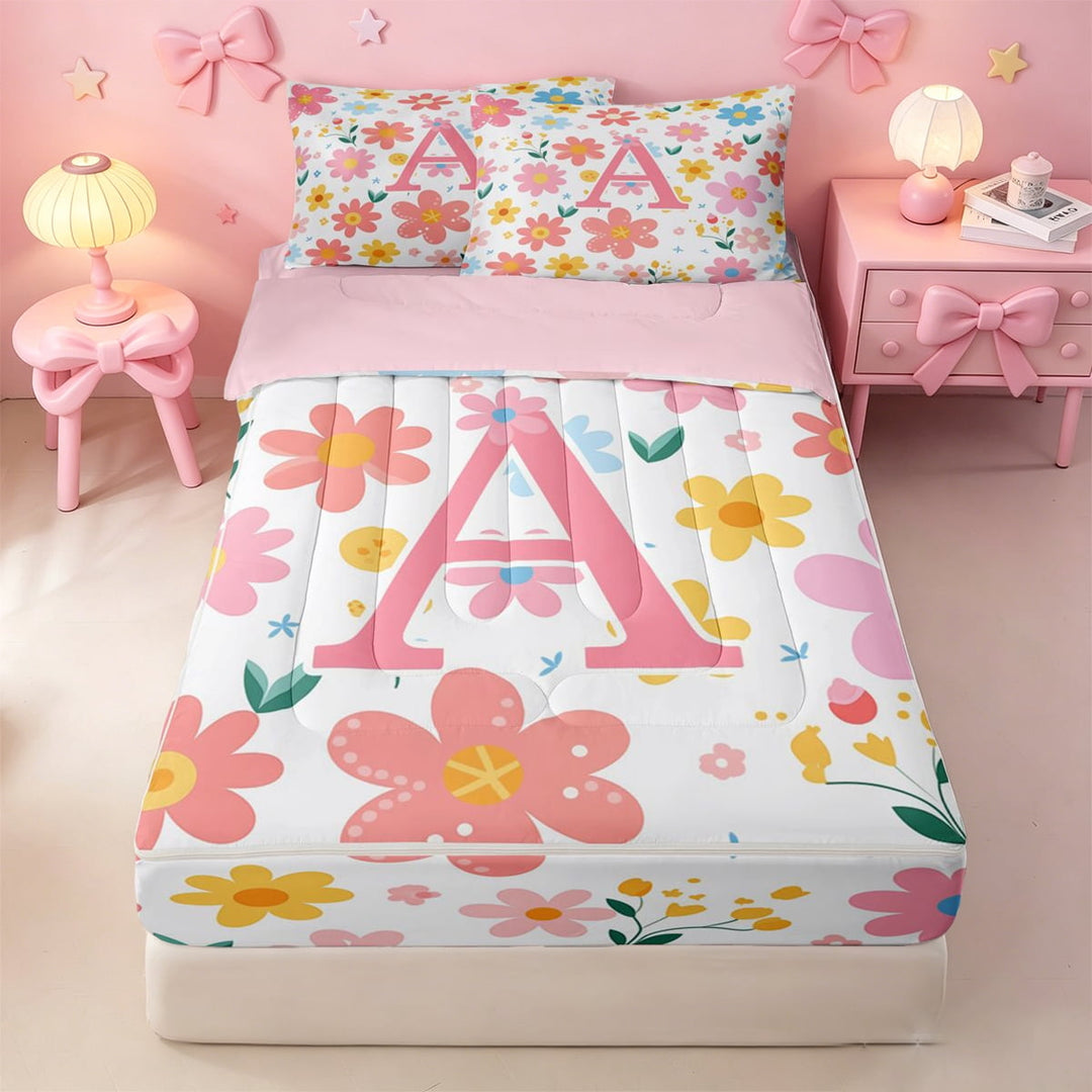 meiyoeat Cute Cartoon Flower Zipper Twin Comforter Sets with Fitted Sheet and 2 Pillowcases For Girls,Pink Floral Monogrammed A Zipper Bedding Set For Kids,pink Reversible,4 Pieces