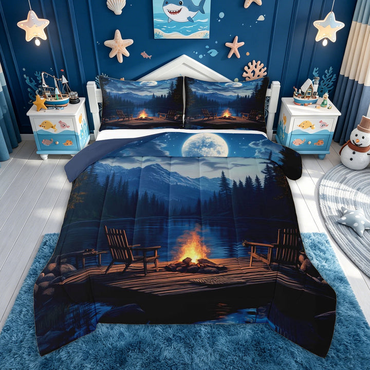 meiyoeat Forest Lake Camping Full Size Comforter Sets for Men Boys, Moonlight Mountain Lake Campfire Bedding Comforter Set, Blue, Blue Reversible, 3 Pieces, 1 Comforter and 2 Pillowcases