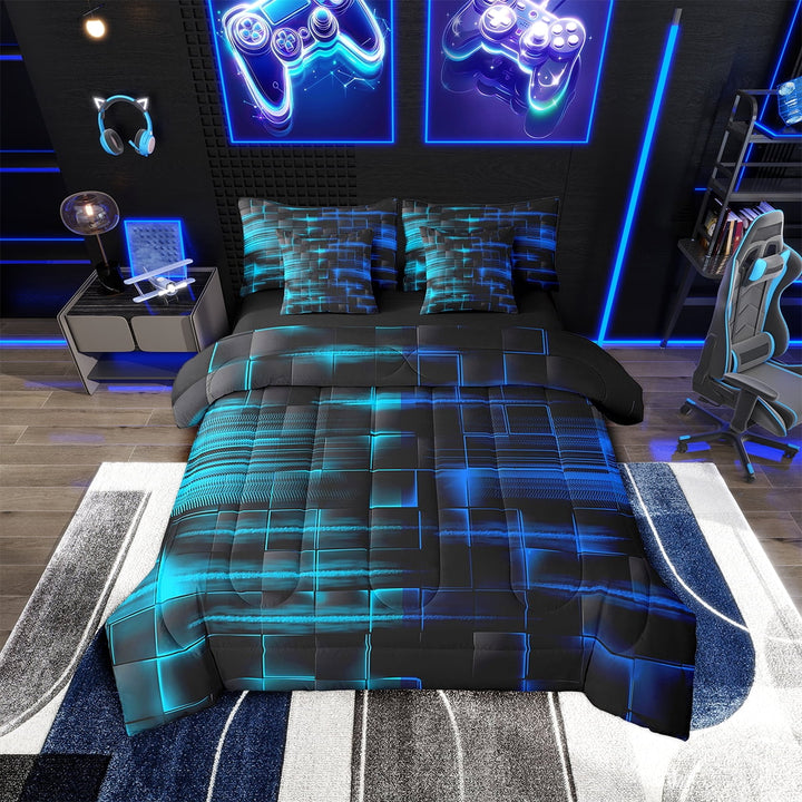 Erosebridal Blue and TealBlue Comforter Set With Sheets7 piece Twin Size Geometric Bed in a Bag Geometry Strip Lines Bedding Set Abstract Art Bed Set with Comforter,Sheets