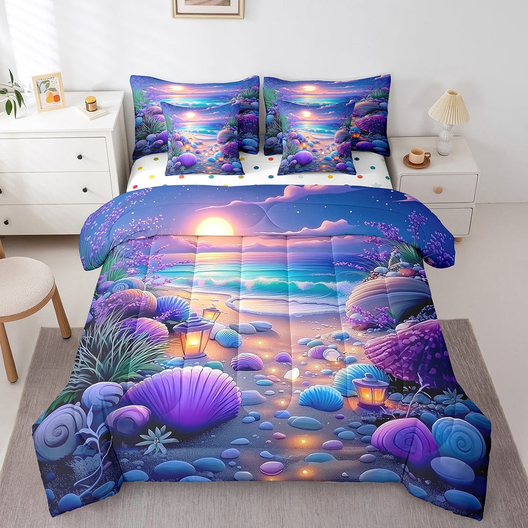 Erosebridal Dreamy Beach Bedding Twin Size, Purple Seashell Bedding Sets Twin Size, Romantic Ocean Decor, Reversible 7pcs
