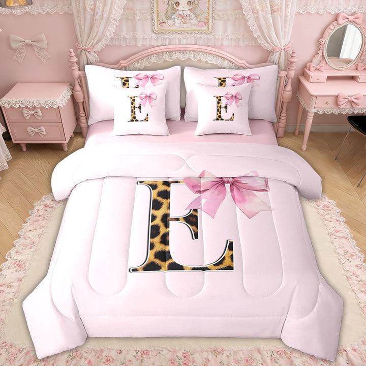 Erosebridal Pink Watercolor Bow Twin Bedding Sets, Fashion Monogrammed E Bedding Comforter Set for Girls Kids, Pink Reversible, 7pcs