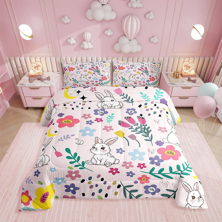 Floral Rabbit Comforter Full Size,Pink Rabbit Comforter Set Teens , Bedding Set Printed Comforter with 2 Pillowcases,Down Alternative,(Pink锛孎ull Size)