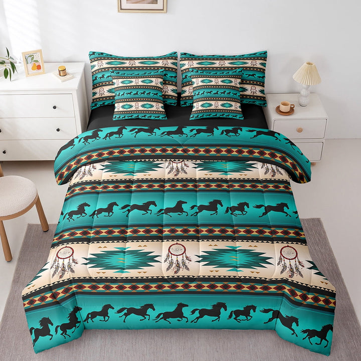 Horse Bed in a Bag King Size Comforter Set 7 Pieces,Dream Catchers Bedding Sets Southwestern Aztec Bohemian Tribe Farmhouse Wildlife Sheet Set with Comforter,Green