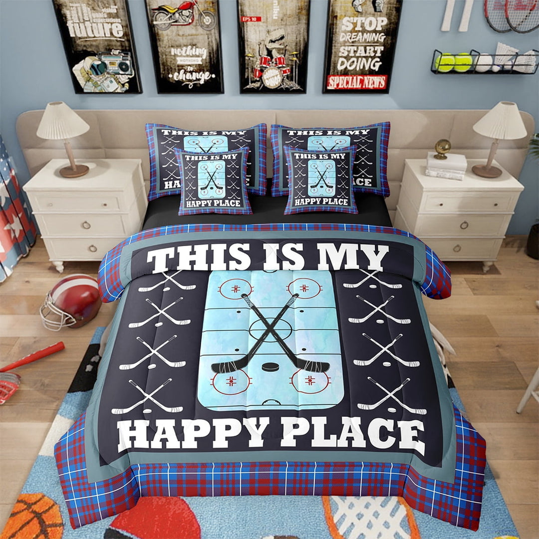 7 Piece Ice Hockey Bedding Sets Sports Bed in a Bag Teen Winter Sports Themed Comforter Set with Sheets Ice Hockey Field Print Bed Set Geometry Stripes Sheets Twin Size