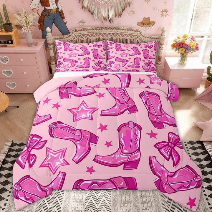 Erosebridal Kids Cowgirl Boot Full Size Comforter Sets, Cartoon Stars Print Bedding Sets, Pink Reversible, 3pcs