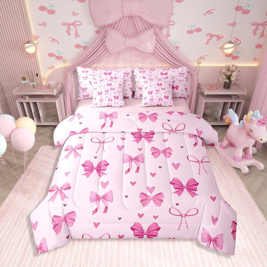 Erosebridal Pink Bowknot Bedding Sets Twin Size, Cute Princess Comforter Sets with Sheets, Bow Tie Decor, Reversible 7 Pieces