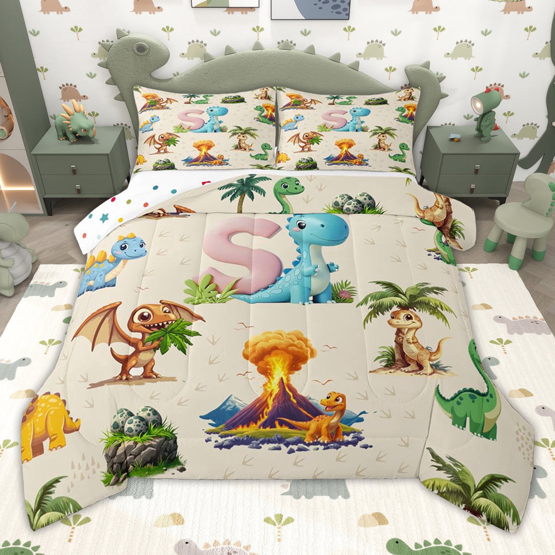 Erosebridal Cartoon Dinosaur Twin Comforter Sets for Kids Boys Girls, Dino Letter S Bedding Set, Polka Dots Reversible, 2 Pieces