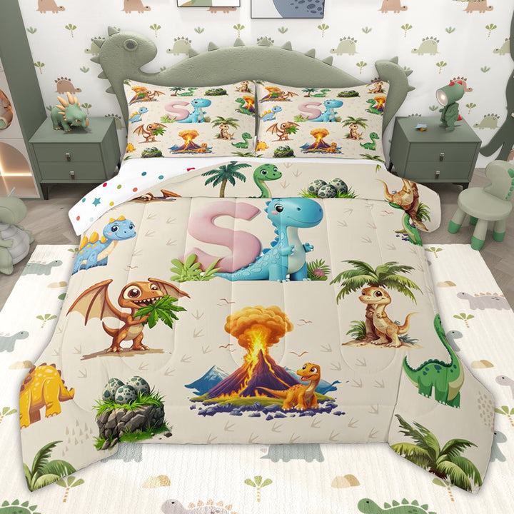 Erosebridal Cartoon Dinosaur Twin Comforter Sets for Kids Boys Girls, Dino Letter S Bedding Set, Polka Dots Reversible, 2 Pieces