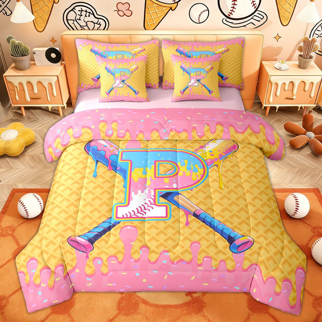 Erosebridal Girls Ice Cream Baseball Twin Bedding Sets, Cartoon Pink P Letter Bedding Comforter Set, 7pcs